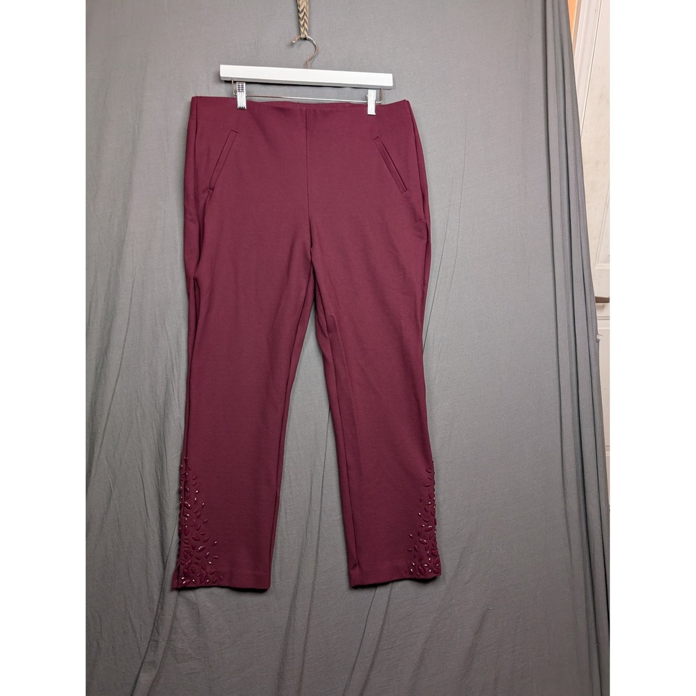 Chicos Burgundy Beaded Cuff Slim‎ Ankle Pants Womens 2.5 US 14 Pull On Stretch